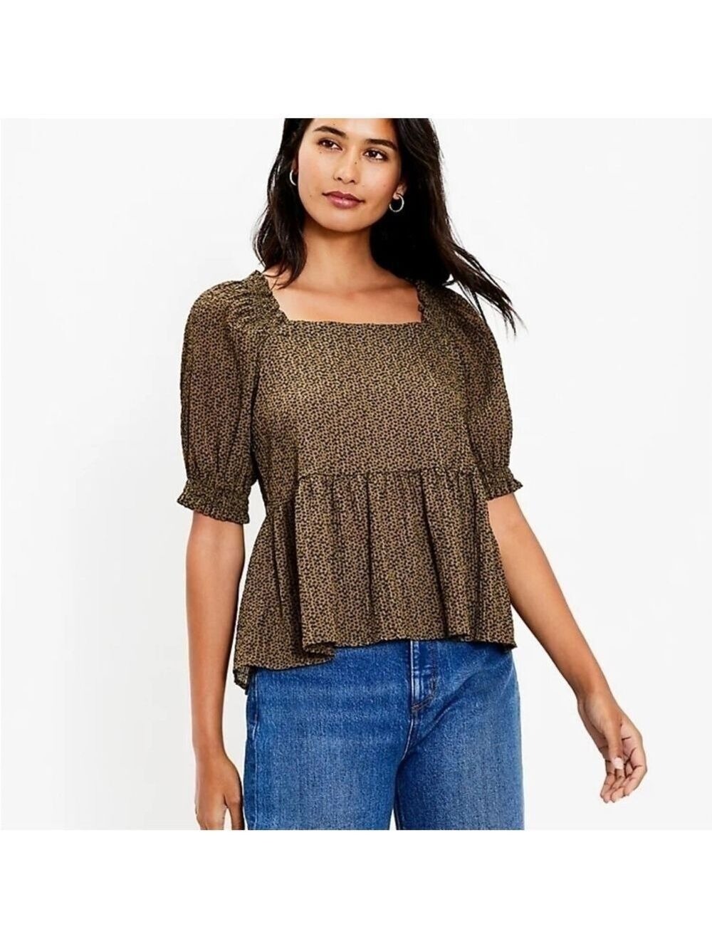 LOFT Dotted Smocked Peplum  Top